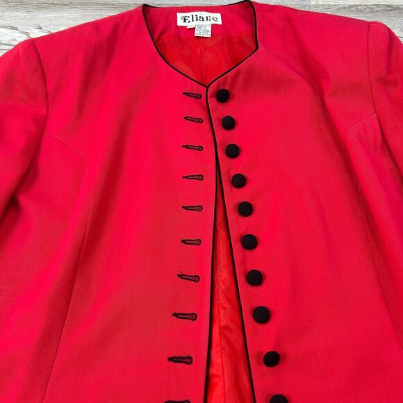 Vintage Eliane Red Button Front Coat Jacket Black Piping Bold Statement 90s - Picture 2 of 7